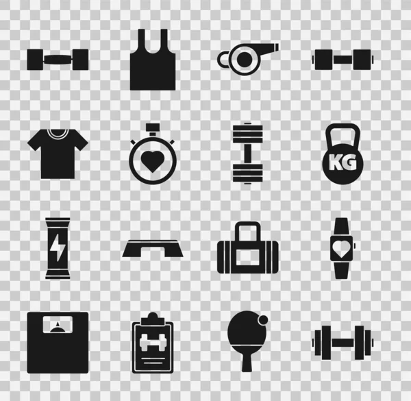 Set Dumbbell, Smartwatch, Kettlebell, Whistle, Heart in the center stopwatch, T-shirt en icoon. Vector — Stockvector