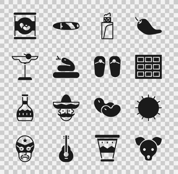 Set Dog, Sun, Chocolade bar, Burrito, Slang, Margarita cocktail, Bonen in blik en Flip flops icoon. Vector — Stockvector