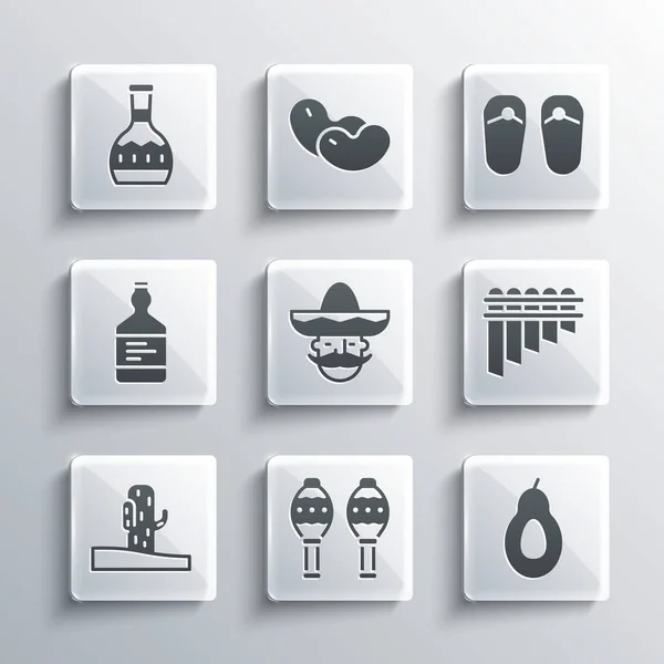 Set Maracas, Avocado, Pan flute, Mexican man sombrero, Cactus, Tequila bottle, and Flip flops icon. Vector — Wektor stockowy