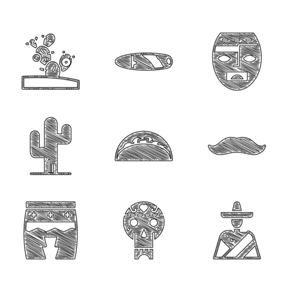 Set Taco avec tortilla, crâne mexicain, sombrero homme, moustache, Huehuetl, cactus, masque aztèque et icône. Vecteur — Image vectorielle