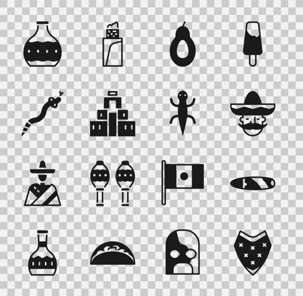 Set Poncho, Cigar, Mexican man sombrero, Avocado, Chichen Itza in Mayan, Snake, Tequila bottle and Lizard icon. Vector — Διανυσματικό Αρχείο