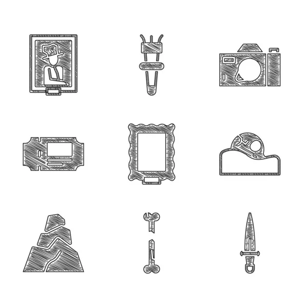 Set Picture, Human broken bone, Dagger, skull, Rock stones, Museum ticket, Photo camera and Portrait in museum icon. Vector — Stock vektor