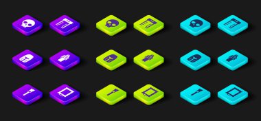 Boya fırçası, Resim, Ortaçağ demir kaskı, konferans, metal dedektörü ve insan kafatası ikonu. Vektör