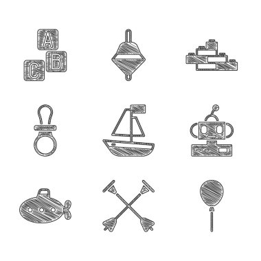 Oyuncak Teknesi, Enayi uçlu Ok, Balon kurdelesi, Robot Oyuncağı, Denizaltı, Bebek Emziği, Yapı Taşı Tuğlaları ve ABC blok simgesi. Vektör