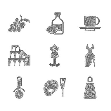 Manken, paletli boya fırçası, rende, kadın elbisesi, pizza bıçağı, stadyum Roma, kahve fincanı ve üzüm suyu ikonu. Vektör