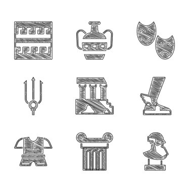 Set Parthenon, Ancient sütun, büst heykel, Hermes sandalet, vücut zırhı, Neptün mızrağı, komedi trajedisi maskeleri ve Yunan desen ikonu. Vektör