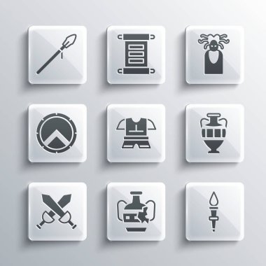 Kırık amfora, meşale alevi, Antik Çelik yelek, çapraz ortaçağ kılıcı, Yunan kalkanı, Ortaçağ mızrağı ve Medusa Gorgon ikonu. Vektör