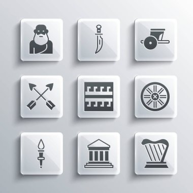 Parthenon, Harp, Eski ahşap tekerlek, Eski Yunan deseni, Meşale alevi, çapraz oklar, Sokrates ve savaş arabası ikonu. Vektör