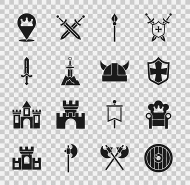 Yuvarlak tahta kalkan, Ortaçağ tahtı, Kalkan, mızrak, Taşta Kılıç, Kılıç, Konum Kralı tacı ve Viking boynuzlu kask ikonu. Vektör