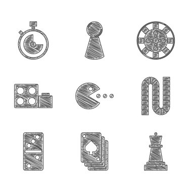 Pacman 'ı yemek yeme, iskambil oynama, satranç, masa oyunu, Domino, oyuncak yapı taşı tuğlaları, kumarhane ruleti ve Stopwatch ikonu ile ayarla. Vektör
