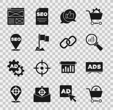 Alışveriş arabası ve doları ayarla, reklam, büyüteç analizi, müşteri ürün değerlendirmesi, konum belirleyicisi, SEO optimizasyonu, tarayıcı penceresi ve zincir bağlantı simgesi. Vektör