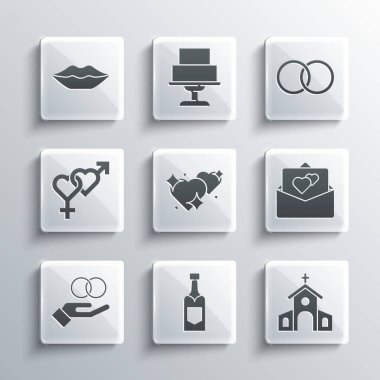 Şampanya şişesi, kilise binası, tebrik kartı, İki Bağlı Kalp, Alyans, Cinsiyet, Gülen Dudaklar ve ikon. Vektör