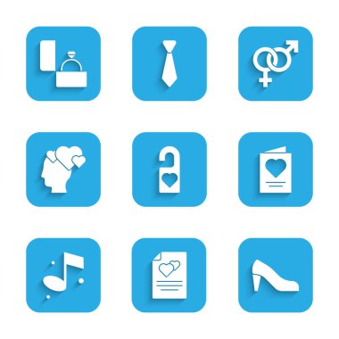 Lütfen rahatsız etmeyin, tebrik kartı, kadın ayakkabısı, müzik notu, kalbi olan baş, cinsiyet ve elmas nişan yüzüğü ikonu. Vektör