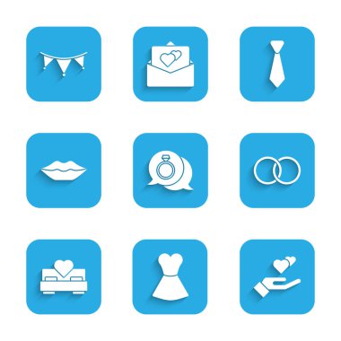 Elmas nişan yüzüğü, kadın elbisesi, kalp eli, alyans, yatak odası, gülen dudaklar, bayrak ikonlu kravat ve karnaval çelengi. Vektör