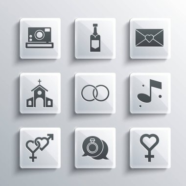 Elmas nişan yüzüğü, kadın cinsiyeti sembolü, nota, alyans, cinsiyet, kilise binası, fotoğraf makinesi ve sevgililer günü kalp ikonu olan zarf. Vektör