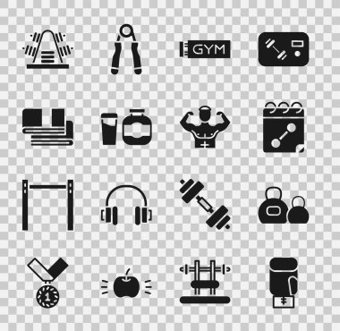 Boks eldiveni, Kettlebell, takvim fitness, spor salonu, spor beslenme, havlu yığını, ağırlıklı metal raf ve vücut geliştirici kas ikonu. Vektör