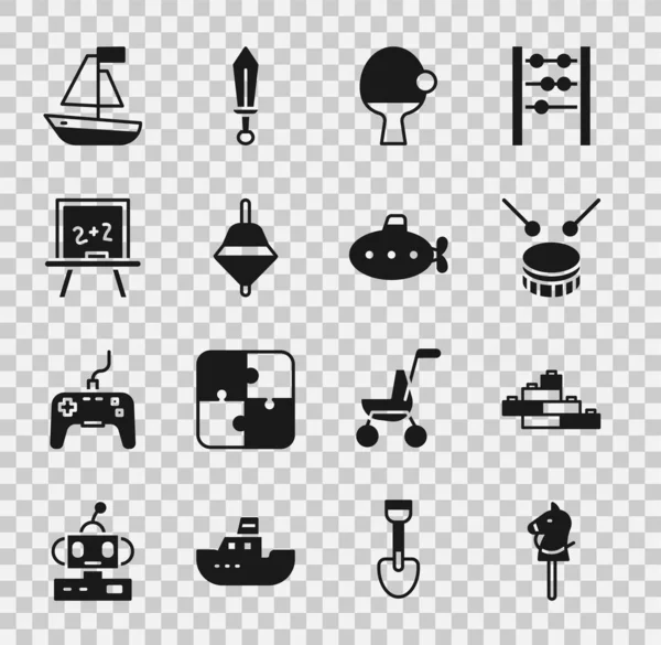 Set Caballo de juguete, ladrillos de bloques de construcción, tambor con palos de tambor, raqueta y pelota, Whirligig juguete, pizarra, barco y submarino icono. Vector — Vector de stock