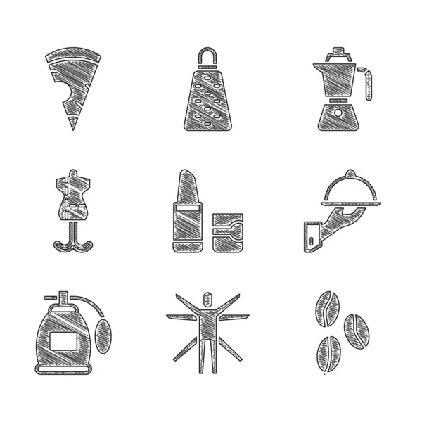 Set Lipstick, Vitruvian Man, Coffee beans, Covered with tray food, Perfume, Mannequin, moca pot and Slice pizza icon. Vector — Διανυσματικό Αρχείο