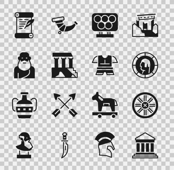 Parthenon, Eski ahşap tekerlek, Antik Yunan sikkesi, Olimpiyat yüzükleri, Socrates, Decree, parşömen, parşömen, parşömen ve vücut zırhı simgesi. Vektör — Stok Vektör
