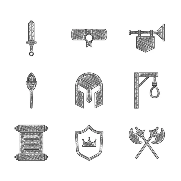 Set casco de hierro medieval, escudo con corona, hachas medievales cruzadas, horca, decreto, pergamino, pergamino, llama de la antorcha, bandera de trompeta e icono de la espada. Vector — Vector de stock