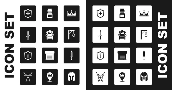 Set King crown, Medieval throne, Dagger, Shield, Gallows, Poison bottle, sword and shield with icon. Vector — Stock vektor