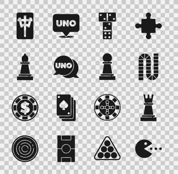 Set Pacman with eat, Chess, Board game, Domino, Uno card, Mahjong pieces and icon. Vector — стоковый вектор