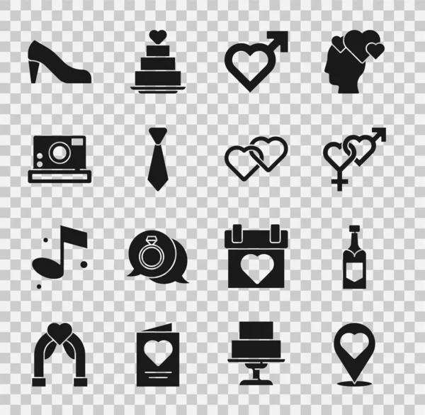 Set Location with heart, Champagne bottle, Gender, Heart male gender, Tie, Photo camera, Woman shoe and Two Linked Hearts icon. Vector — Stock Vector