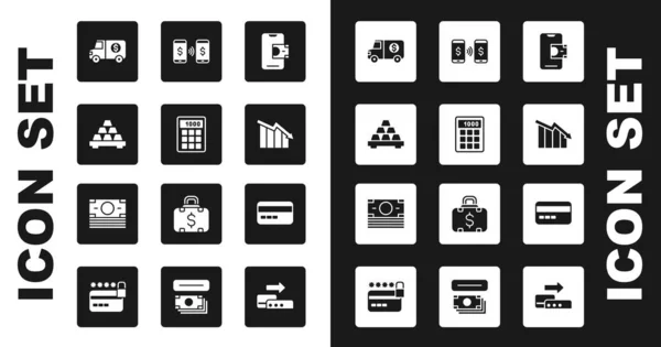 Set Banca móvil, Calculadora, Barras de oro, Camión blindado, Disminución del crecimiento financiero, Transferencia de pago de dinero, Tarjeta de crédito y Stacks papel moneda icono de efectivo. Vector — Archivo Imágenes Vectoriales