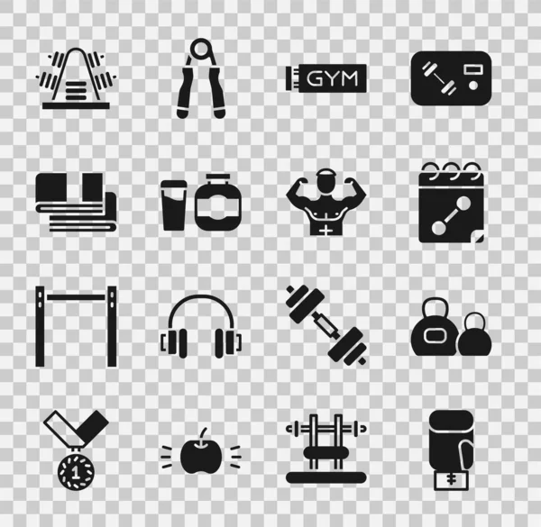 Boks eldiveni, Kettlebell, takvim fitness, spor salonu, spor beslenme, havlu yığını, ağırlıklı metal raf ve vücut geliştirici kas ikonu. Vektör
