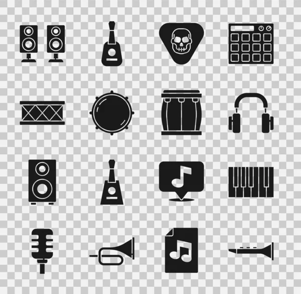 Set Clarinet, Grand piano, Headphones, Guitar pick, Dial knob level, Drum, Stereo speaker and icon. Vector — Stockvector
