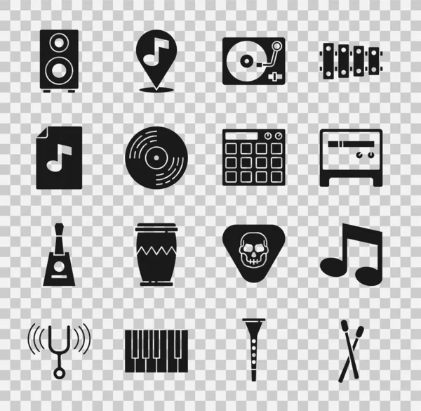 Set Drum sticks, Music note, tone, Guitar amplifier, Vinyl player with vinyl disk, book, Stereo speaker and machine icon. Vector — Stockvector