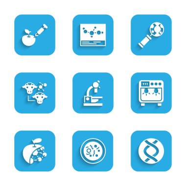 Mikroskop, bakteri, DNA sembolü, biyolojik kutu, biyolojik yapı, klonlama, araştırma, arama ve genetik olarak değiştirilmiş elma ikonlu Petri kabı. Vektör