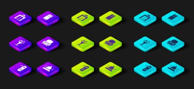 Kapı kolu, otel servis zili, Martini bardağı, Kol Sandalyesi, Buzdolabı ve Asansör ikonu. Vektör