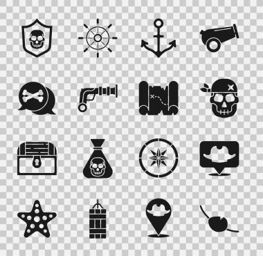 Korsan göz bandı, konum korsanı, Kafatası, Çapa, Vintage tabancalar, Kafatası ve hazine haritası ikonu ile kalkan. Vektör