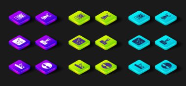 Sahil iskelesi, gözlük, rota konumu, gemi kaptanı, havlu askısı ve gemi bileti ikonu ayarlayın. Vektör