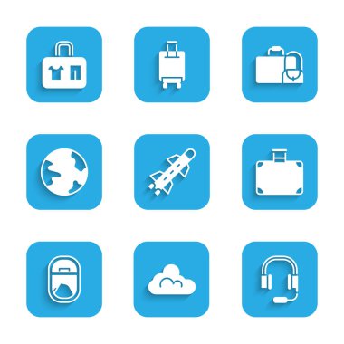 Roket, Bulut havası, mikrofonlu kulaklıklar, bavul, uçak penceresi, dünya çapında ve ikon. Vektör