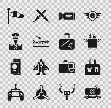 Yakıt tankeri, çanta, yiyecek için Trolley, uçak bileti, uçak inişi, Pilot, koni meteoroloji rüzgar gülü ve ikon ayarlayın. Vektör