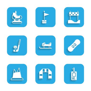 Kızak, eşarp, kimlik kartı, snowboard, dağlar, buz hokeyi sopası ve disk, kurdele bitiş çizgisi ve paten ikonu. Vektör