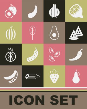 Armut, acı biber, karpuz, soğan, ıspanak, erik meyvesi ve avokado ikonu. Vektör