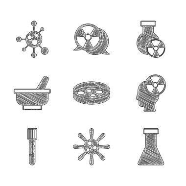 Petri kabını bakteri, bakteri, tüp ve matara, kafa radyasyonu sembolü, havan topu ve molekül ikonu ile ayarla. Vektör