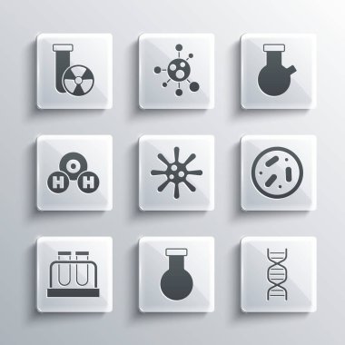 Test tüpü ve matara, DNA sembolü, bakteri, bakteri, H2O 'nun kimyasal formülü, radyasyon ve ikon içeren Petri kabı. Vektör