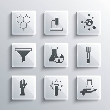 Kimyasal patlama, deney tüpü ve matara, radyasyon, tıbbi lastik eldivenler, huni veya filtre, formül ve molekül simgesini ayarlayın. Vektör