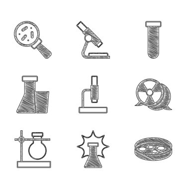 Mikroskop, Kimyasal Patlama, Bakteri, Radyoaktif, Test tüpü standı ve mikroorganizmaları büyüteç simgesi altında ayarla. Vektör
