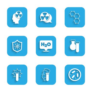 H2O, patlama, bakteri, tüp ve mataralı Petri kabı, virüse karşı kalkan koruması ve kafa radyasyon sembolü ikonu için kimyasal formülü ayarla. Vektör