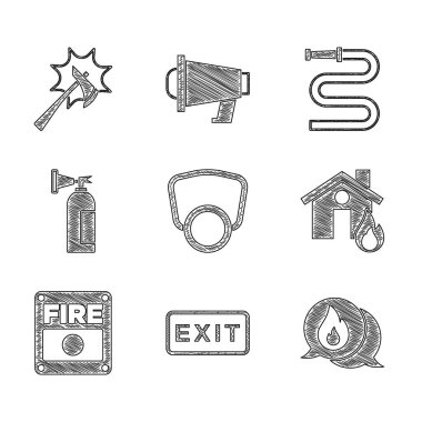 Gaz maskesi, yangın çıkışı, 911 'i arayın. Yanan evde, alarm sisteminde, yangın söndürücüde, hortum makarasında ve itfaiyeci baltası ikonunda. Vektör