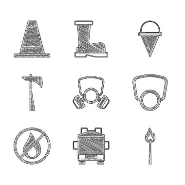 Gaz maskesi, itfaiye aracı, ateşle yanan kibrit, hayır, itfaiyeci baltası, koni kovası ve trafik ikonu. Vektör