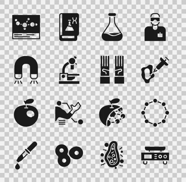 Set Electronic scales, Chemical formula, Syringe, Test tube and flask, Microscope, Magnet, and Medical rubber gloves icon. Vector — Stockový vektor