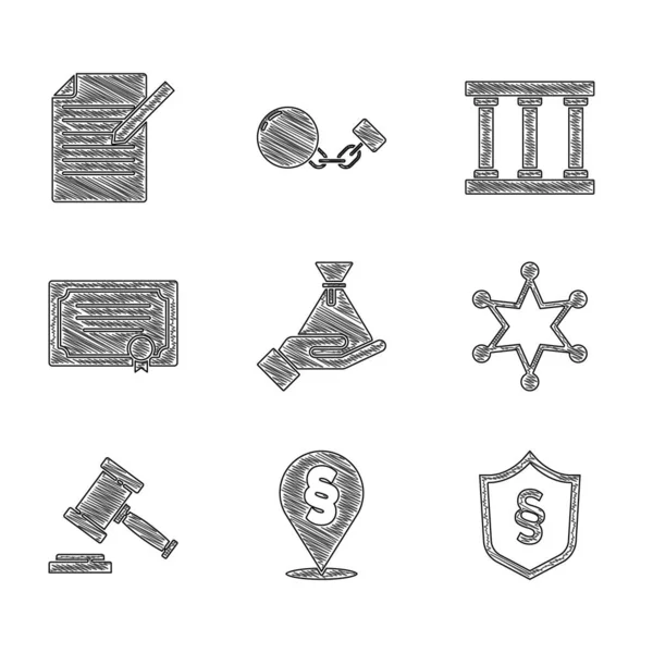 Set Bribe money bag, Location law, Justice in shield, Hexagram sheriff, Judge gavel, Certificate template, Prison window and Document and pen icon. Vector — Stock Vector