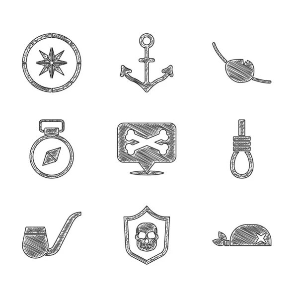 Establecer ubicación pirata, Escudo con cráneo, bandana pirata para la cabeza, horca de cuerda colgante, pipa de fumar, brújula, parche para los ojos y el icono. Vector — Vector de stock