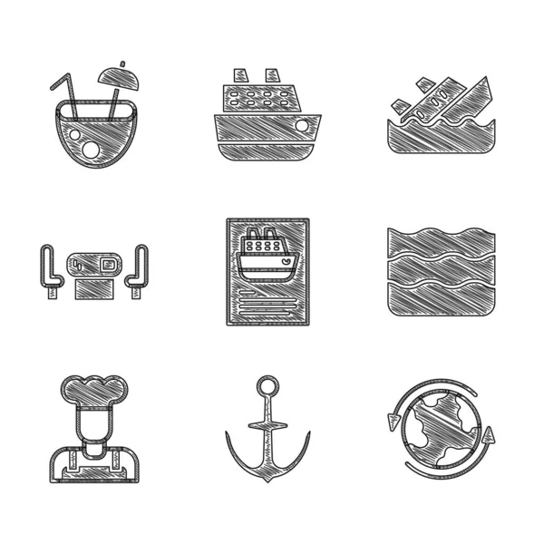 Set Kreuzfahrtschiff, Anker, Weltweit, Welle, Koch, Pokertisch, sinkende Kreuzfahrt und Kokosnuss-Cocktail-Symbol. Vektor — Stockvektor